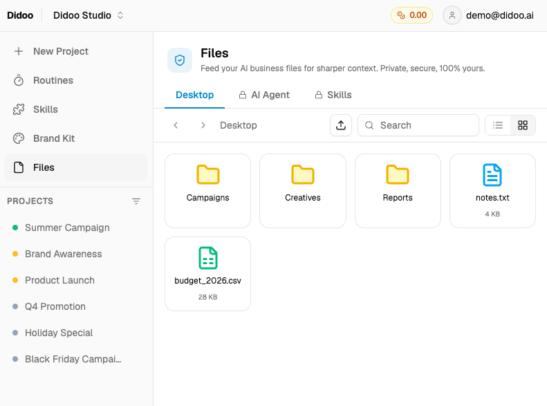 Didoo AI: Tell it what you sell, who you serve, and what success looks like. It asks the right questions to fill in the gaps—no forms, no guesswork.