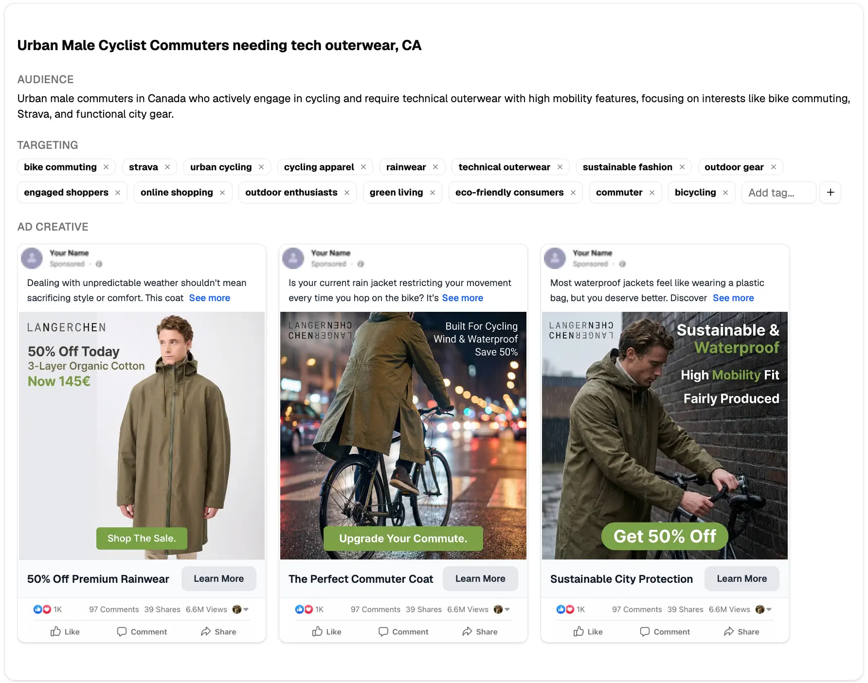 Creative Studio showing AI-generated audience targeting and three Facebook ad creative variants