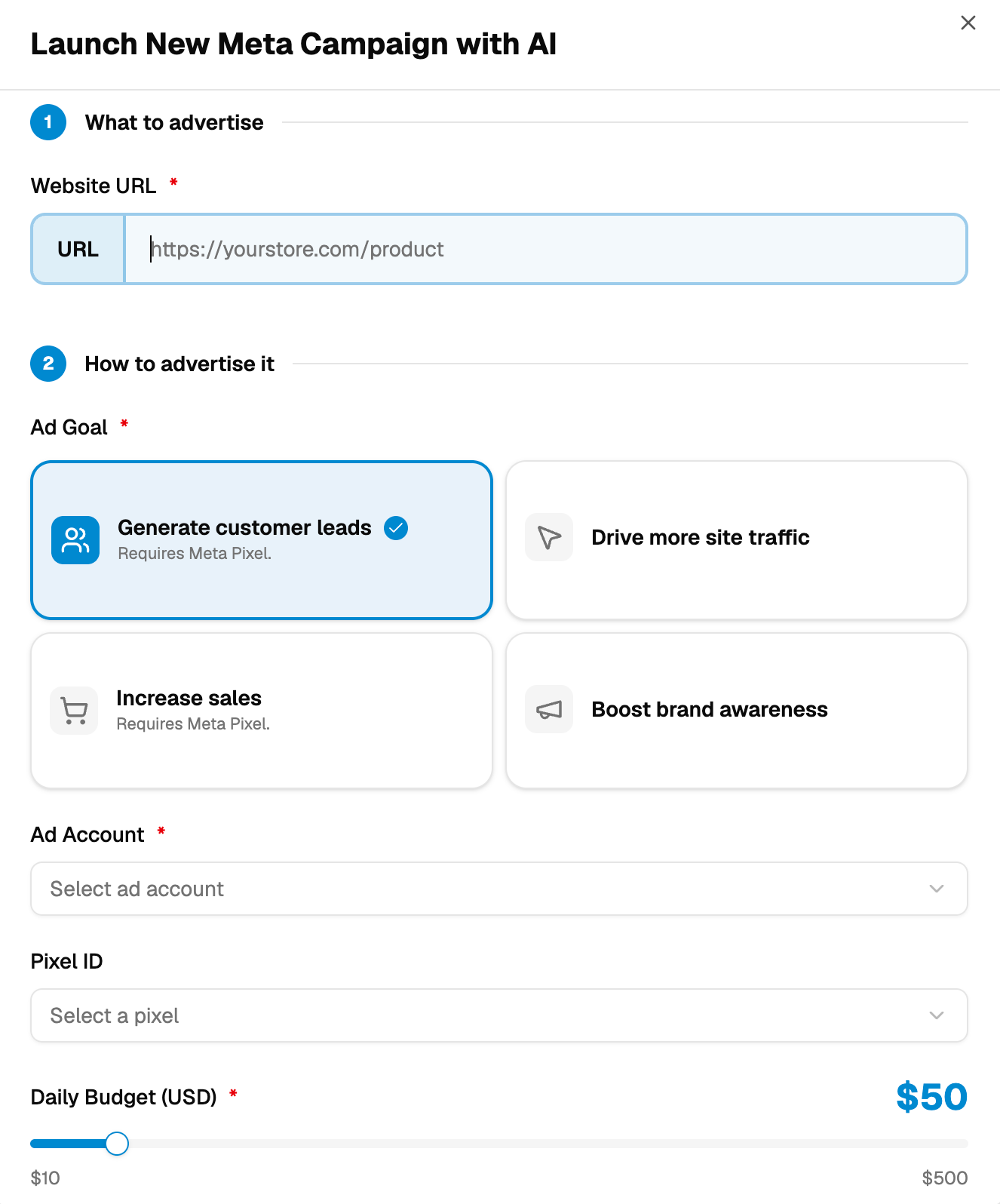 Launch New Meta Campaign with AI modal showing URL input and ad goal selector
