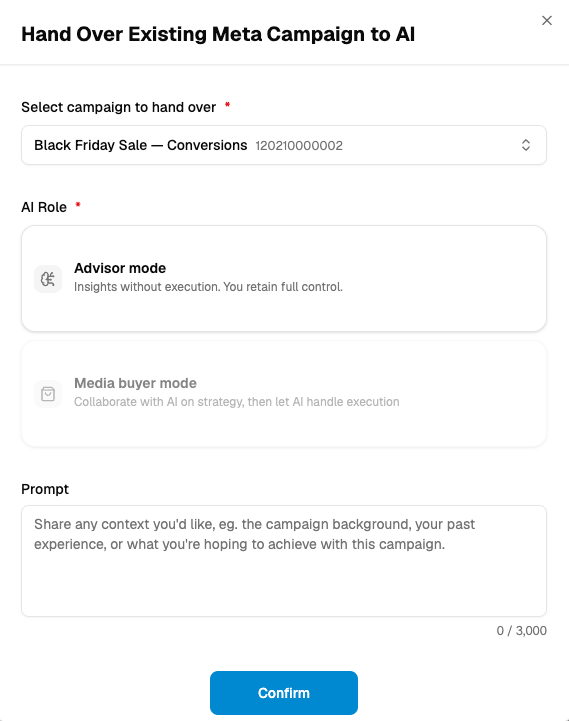 Hand over existing Meta campaign to AI modal